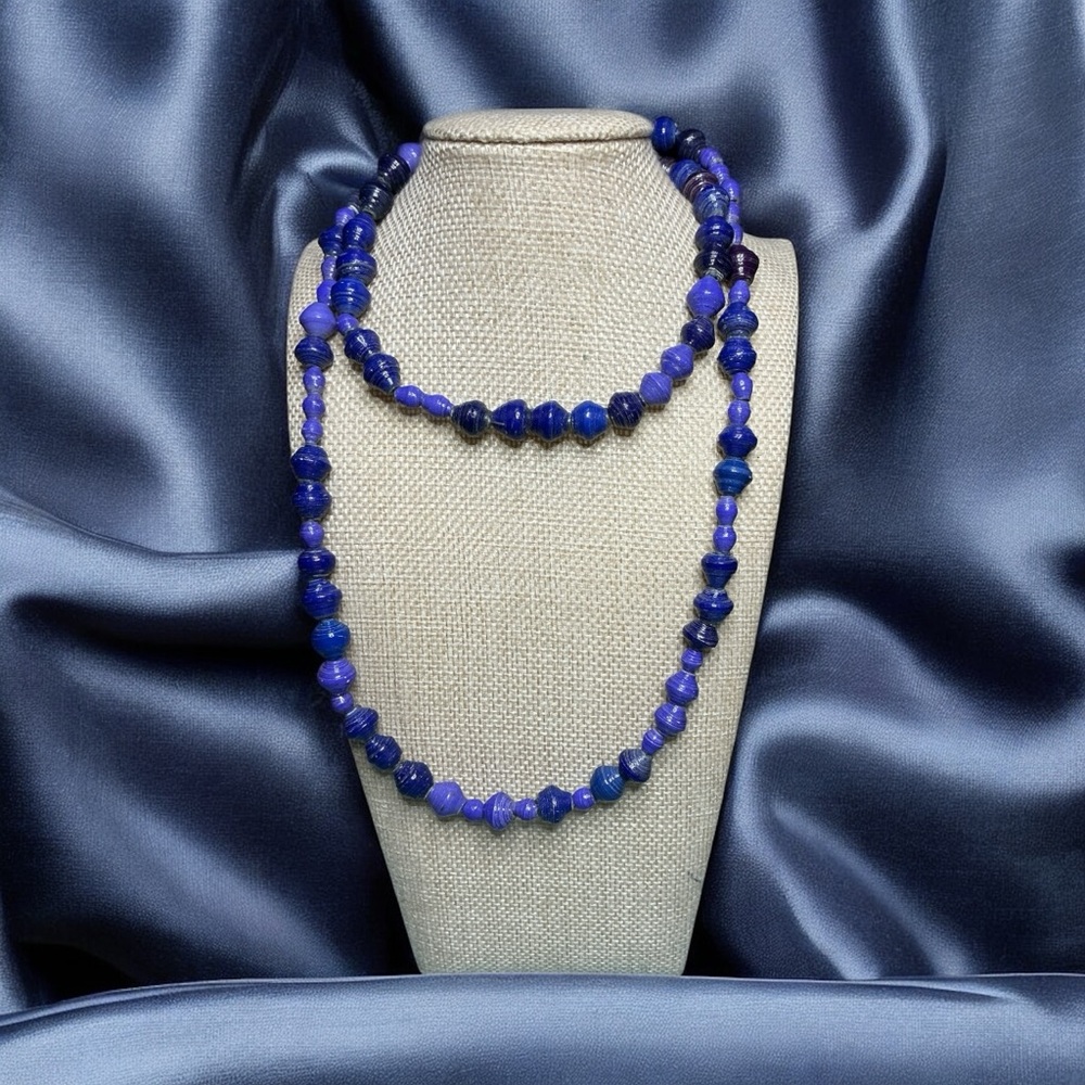 Vintage Deep Blue/Purple Paper Beaded Necklace - Picture 2 of 2